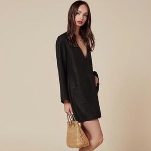 Reformation Deep V Linen Mini Dress Black